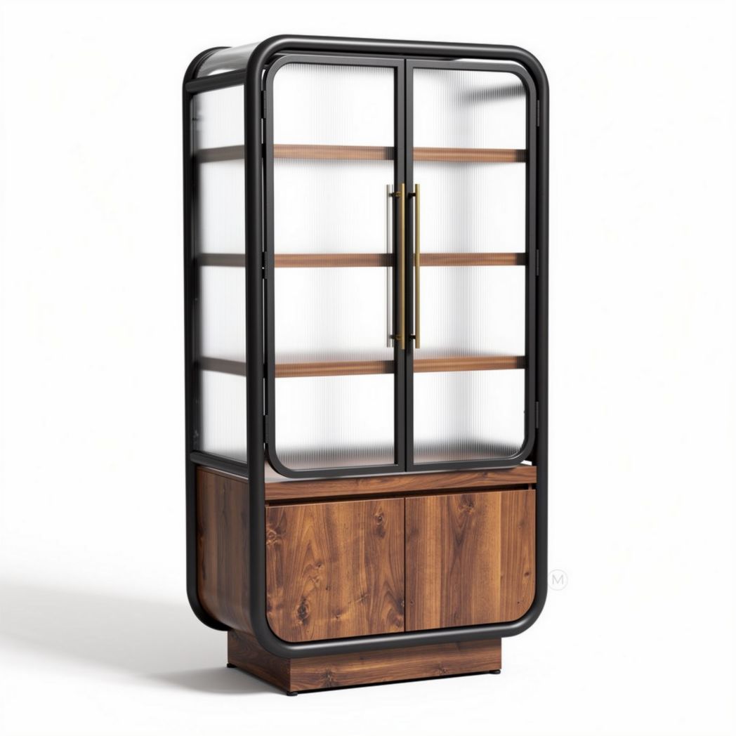 Glass display cabinet with wooden base and metal frame 150 x 80 x 40cm