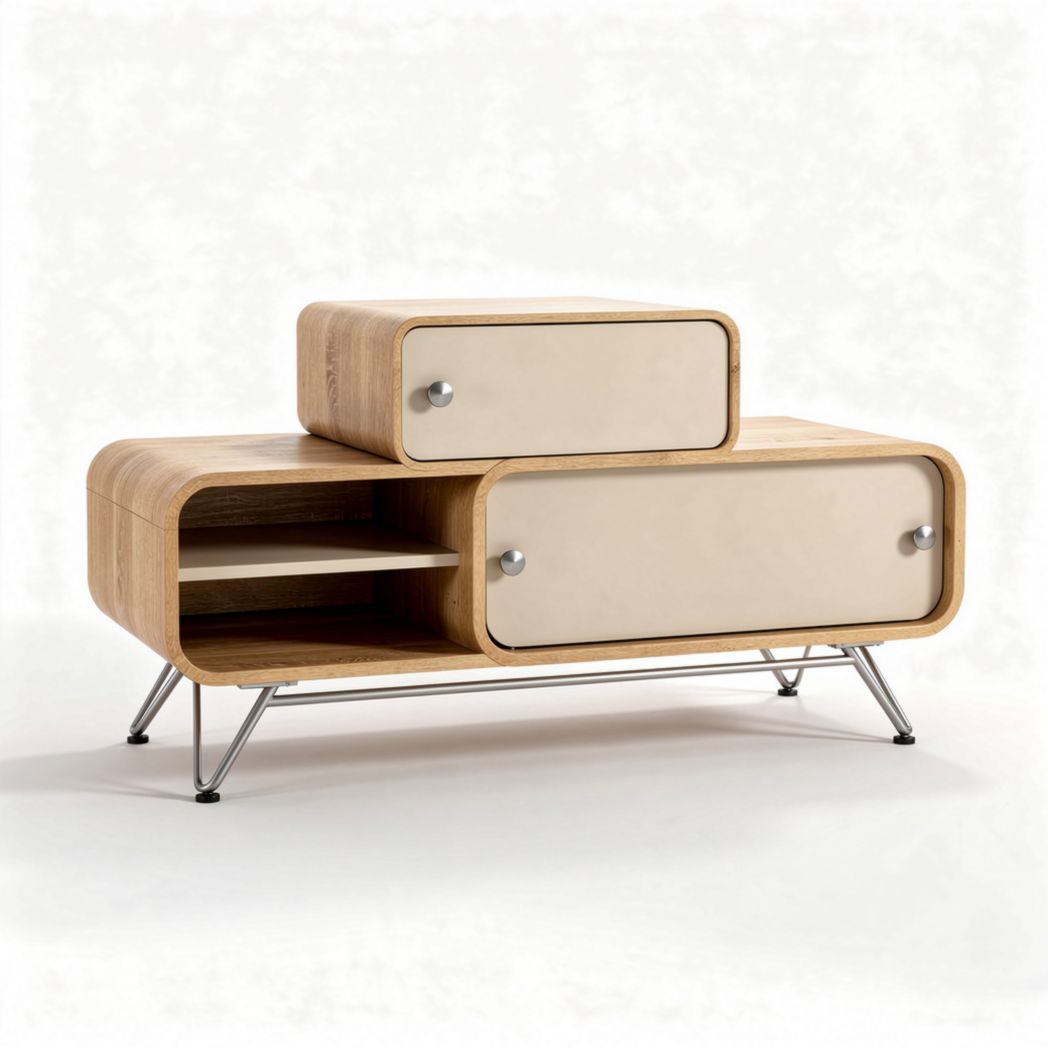 Wooden sideboard with two drawers and open shelf for living room storage