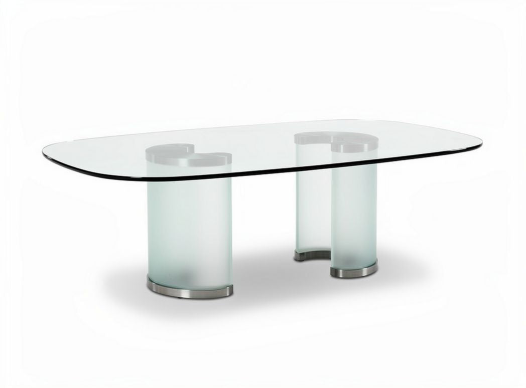 Frosted glass dining table with stainless steel base 150 x 80 x 75cm