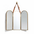 Tri-fold wall mirror with leather strap and brass frame 50 x 20 x 5cm