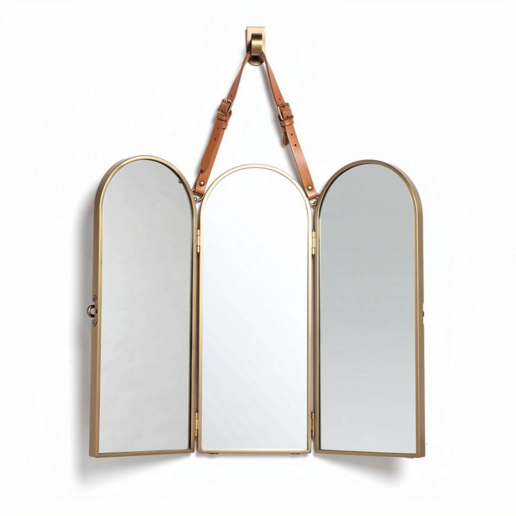 Tri-fold wall mirror with leather strap and brass frame 50 x 20 x 5cm