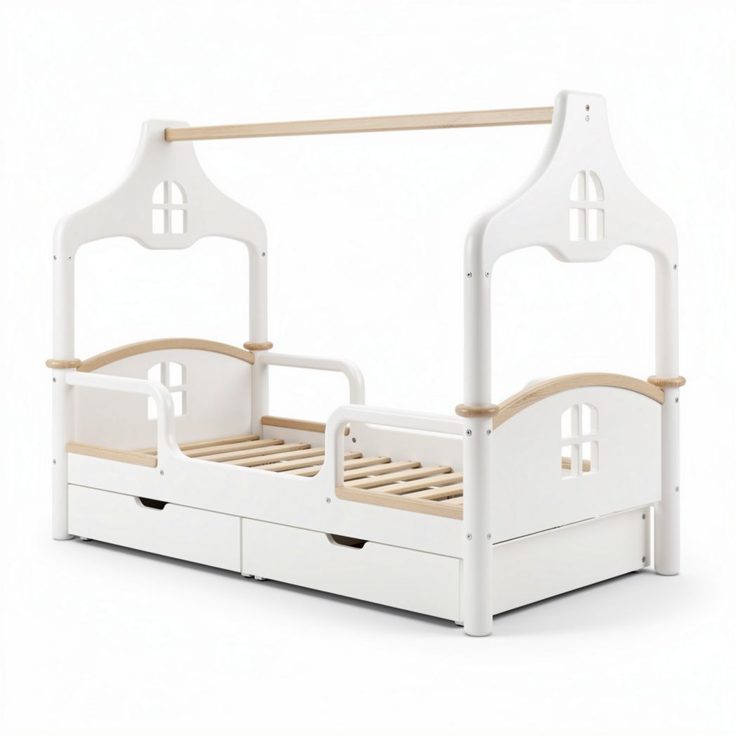 Children's house-shaped bed with storage drawers made of wood 150 x 75 x 70cm
