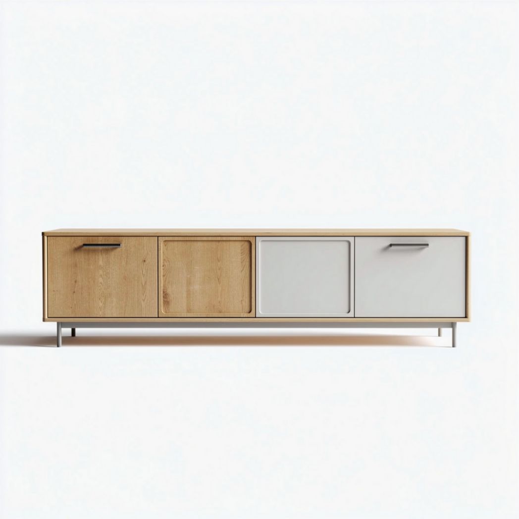 Wooden storage cabinet with white sliding door and metal legs 150 x 40 x 50cm